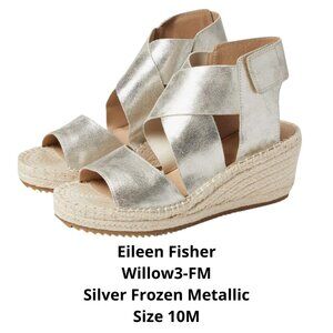 NEW Eileen Fisher Willow Espadrilles Shoes Wedge Silver Metallic Leather 10M NIB